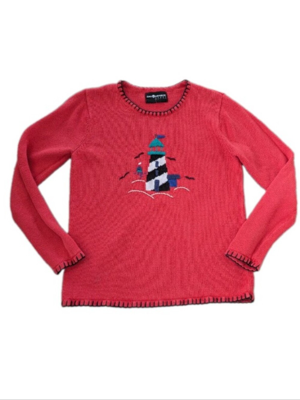 Vintage 90s Sag Harbor Red Lighthouse Nautical Knit Sweater Women Y2K Coastal